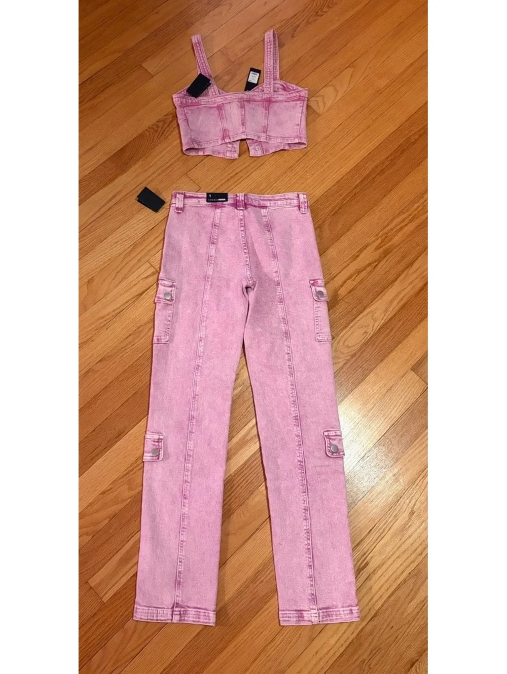 Fashion Nova Pink Denim Cargo Pants and Crop Top Set XS